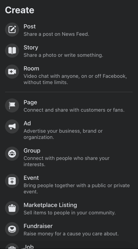Drop down menu to create a page for Facebook Marketing